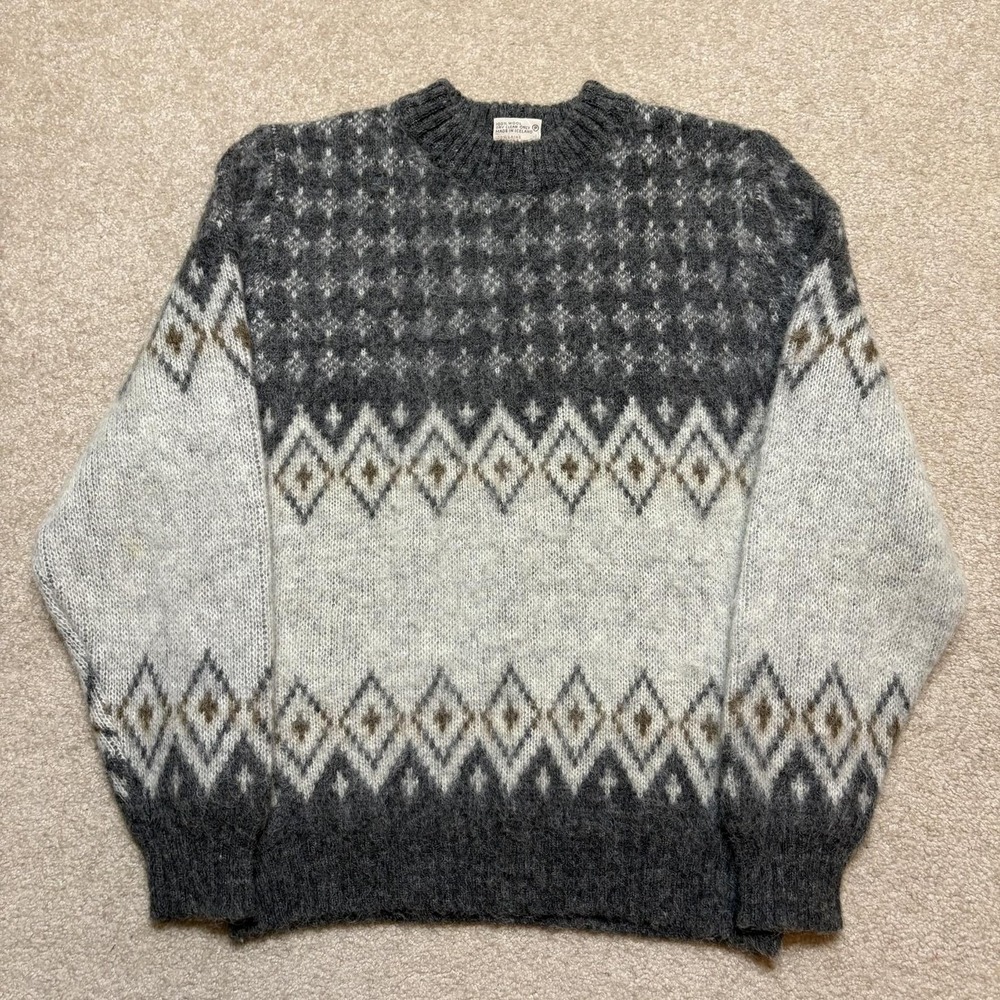 Vtg Nordic Ski Sweater Womens MED Gray Wool Fair Isle Icelandic Chunky Knit 70s